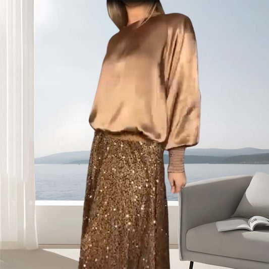 🎄✨Women's Long Sleeve Top & Sequin Maxi Skirt Two-Piece Set