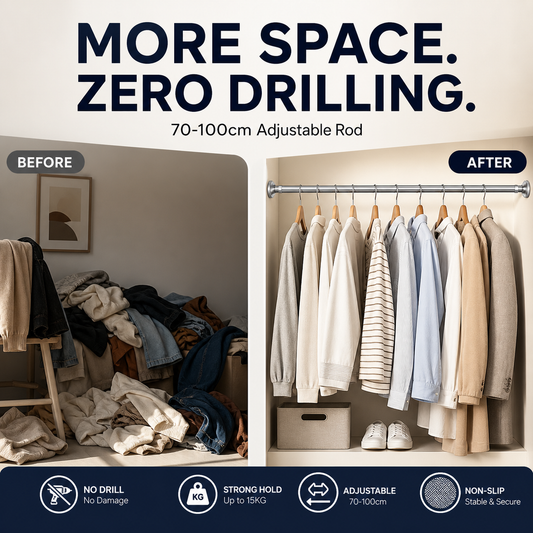 🥼👚 Create storage space anywhere anytime！Adjustable No-Drill Tension Rod