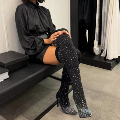 🔥🖤49% OFF🔥Women’s Sparkly Faux Diamonds Over-the-Knee Boots👠