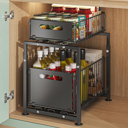 💪🥫 FLASH SALE 49% OFF! Double-Tier Pull-Out Shelf Cabinet Organizer – 5 Height Levels, 2 Tiers, Carbon Steel, Large Capacity, No Assembly Required ✨