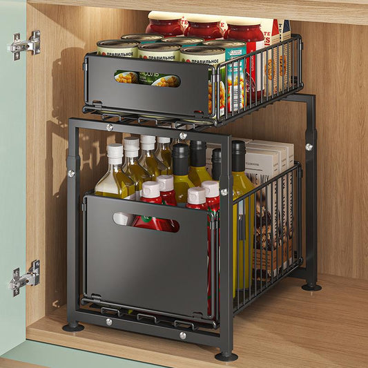 💪🥫 FLASH SALE 49% OFF! Double-Tier Pull-Out Shelf Cabinet Organizer – 5 Height Levels, 2 Tiers, Carbon Steel, Large Capacity, No Assembly Required ✨